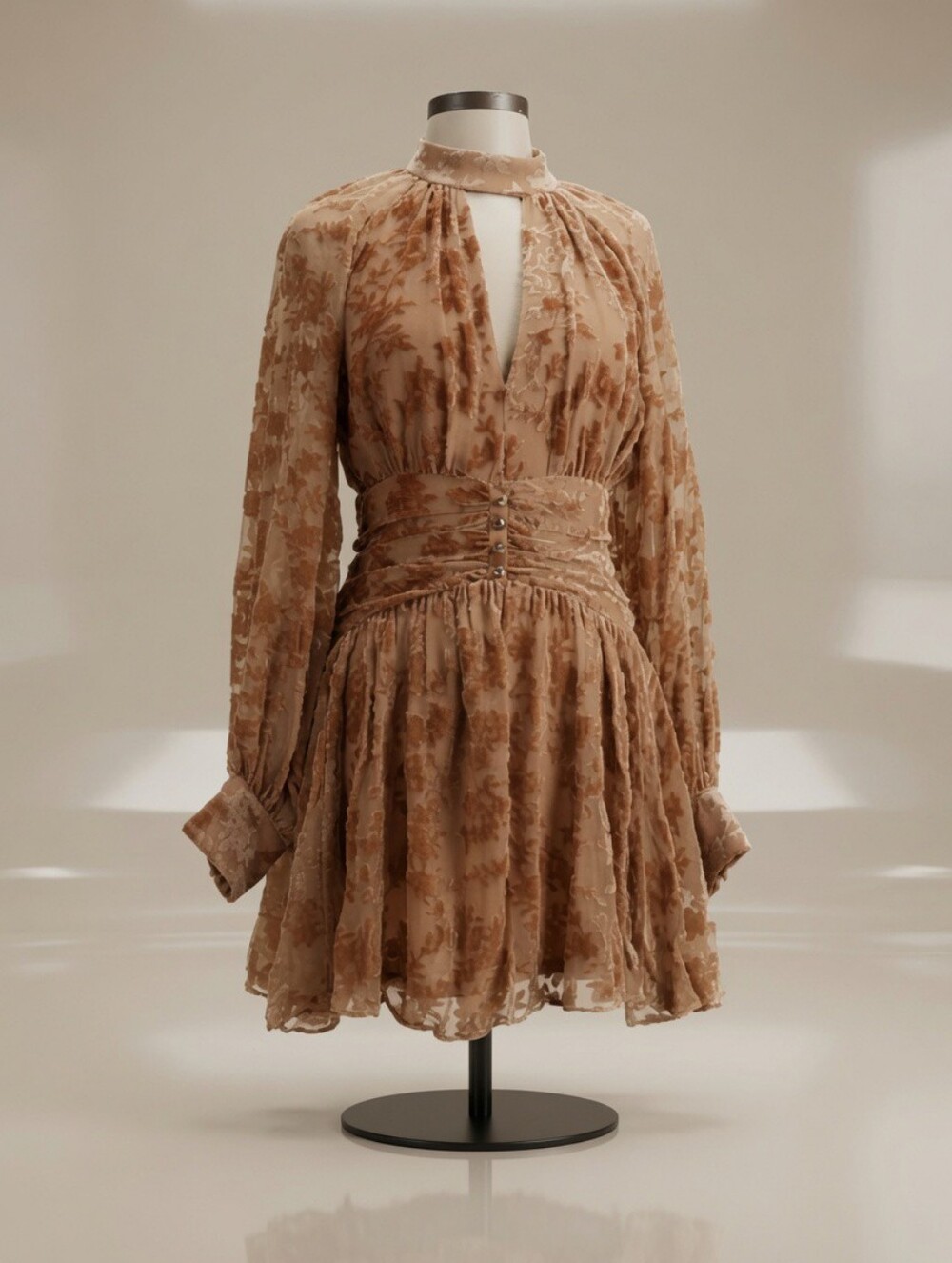 Parker Tan Floral Velvet Burnout Long-Sleeve Mini Dress NWOT Size Medium